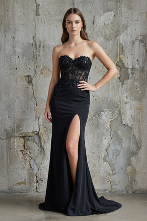 Sheisme-Black Stretch-Crepe Strapless Mermaid Maxi Dress with Sequins Appliques Slit Formal Evening Dress