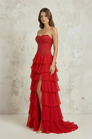 Strapless Corset Tiered Chiffon A - Line Long Prom Dress With Slit in Red - SHE IS ME Prom Dresses