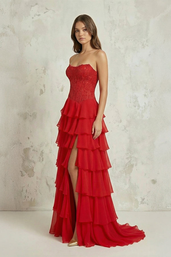 Strapless Corset Tiered Chiffon A - Line Long Prom Dress With Slit in Red - SHE IS ME Prom Dresses