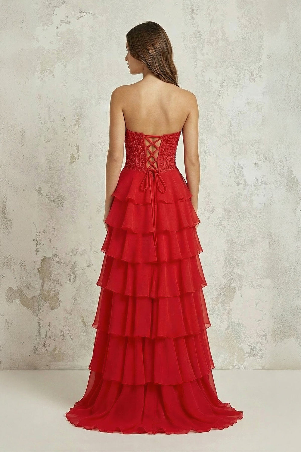 Strapless Corset Tiered Chiffon A - Line Long Prom Dress With Slit in Red - SHE IS ME Prom Dresses