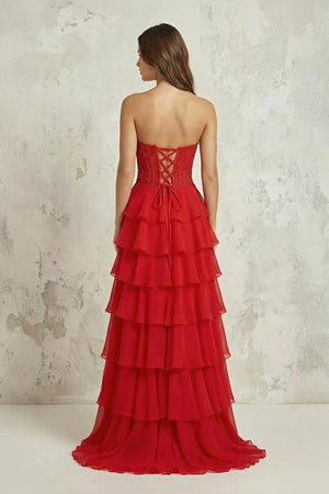 Strapless Corset Tiered Chiffon A - Line Long Prom Dress With Slit in Red - SHE IS ME Prom Dresses