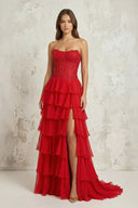 Strapless Corset Tiered Chiffon A - Line Long Prom Dress With Slit in Red - SHE IS ME Prom Dresses