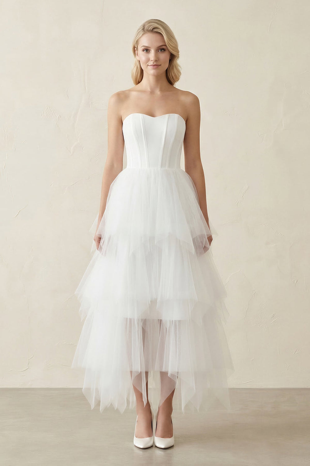 Strapless Corset Tulle Ruffled Midi Wedding Dress in White - SHE IS ME Wedding Dresses