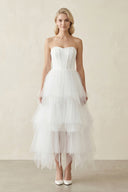 Strapless Corset Tulle Ruffled Midi Wedding Dress in White - SHE IS ME Wedding Dresses