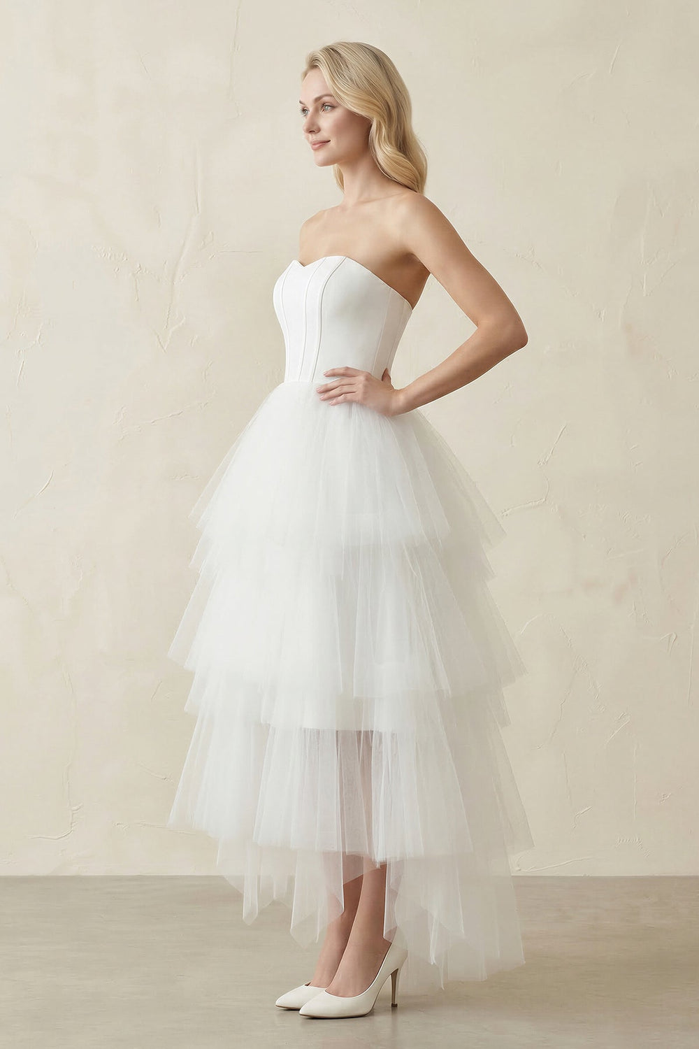 Strapless Corset Tulle Ruffled Midi Wedding Dress in White - SHE IS ME Wedding Dresses