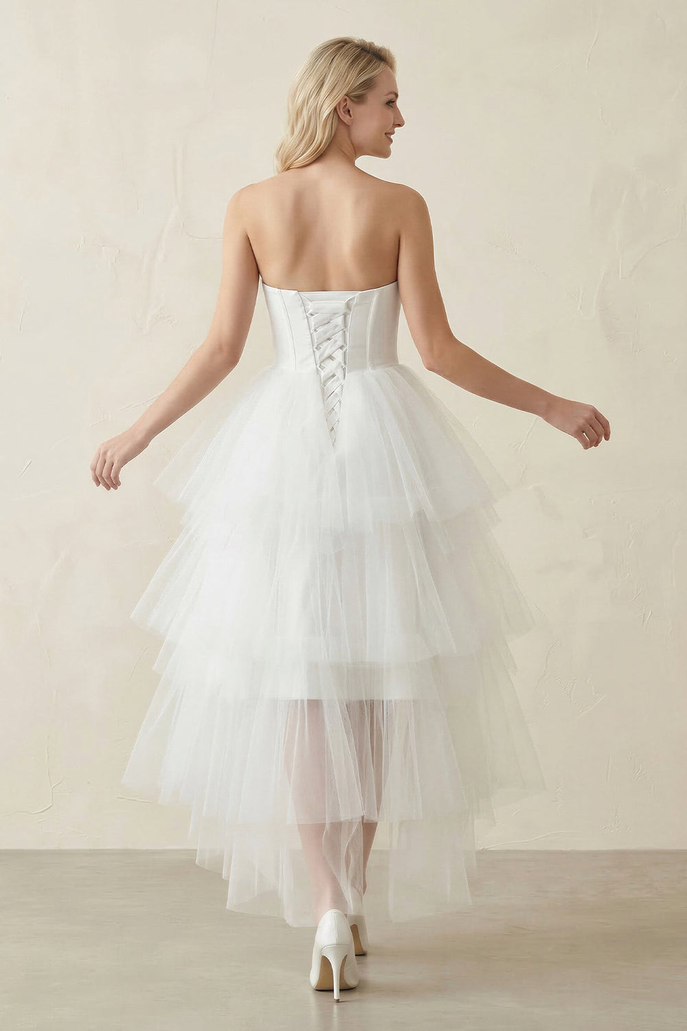 Strapless Corset Tulle Ruffled Midi Wedding Dress in White - SHE IS ME Wedding Dresses