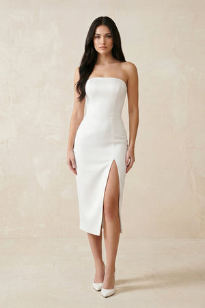 Strapless Crepe Sheath Midi Wedding Dress in White - SHE IS ME Wedding Dresses