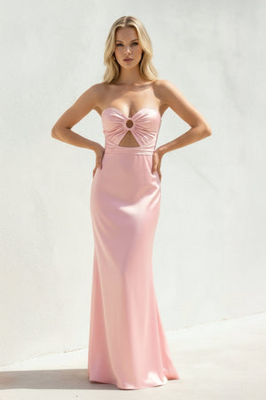 Strapless Cutout Maxi Dress in Pink - SHE IS ME Prom Dresses