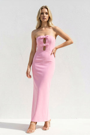 Strapless Cutout Maxi Dress With Bow in Pink - SHE IS ME Prom Dresses