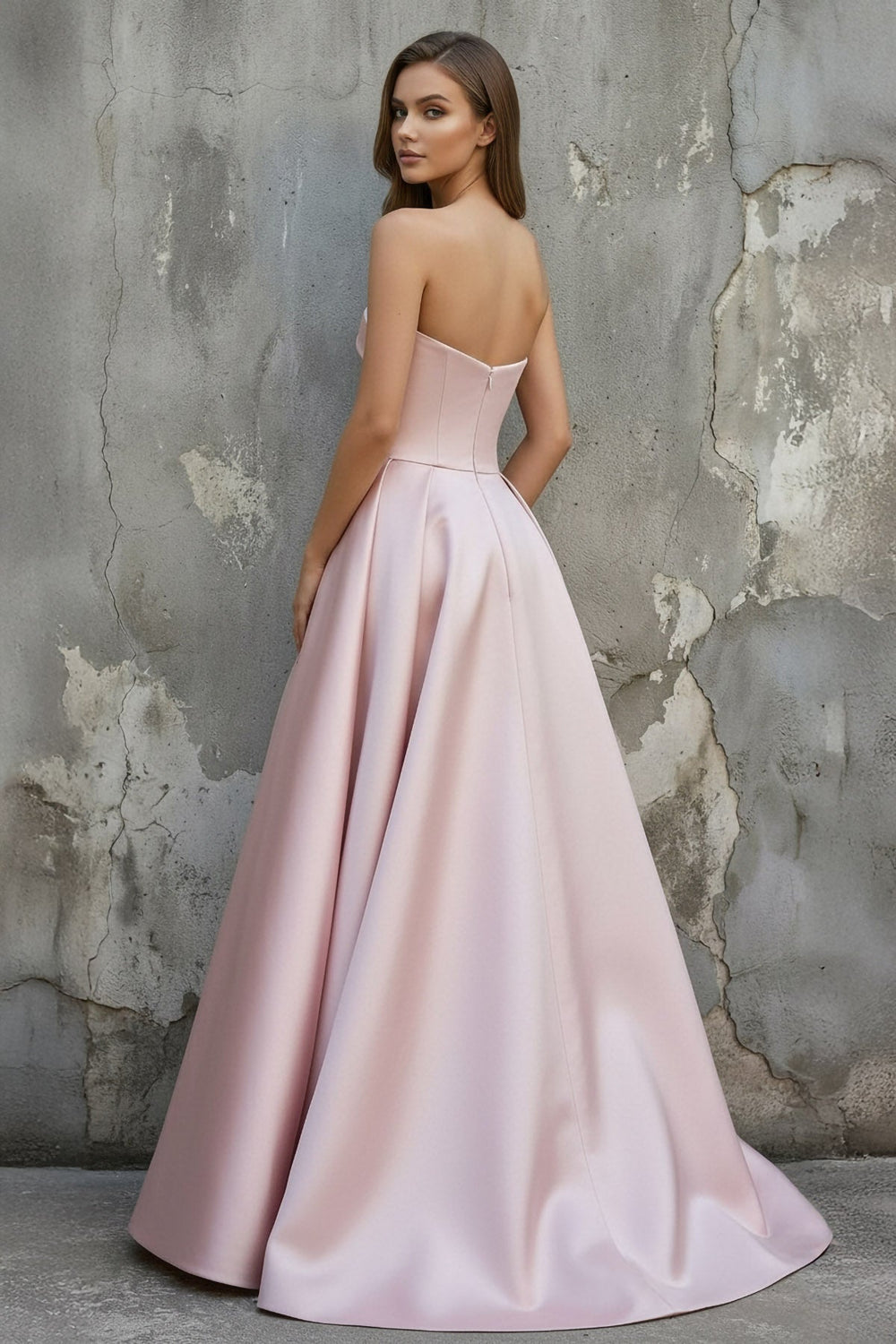 Strapless Draped Satin Gown With Pearl in Pink - SHE IS ME