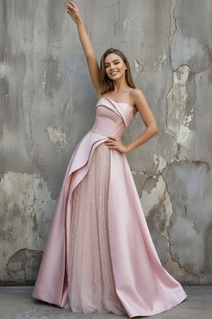 Sheisme-Pink Strapless A-Line Maxi Pearl Pleated Formal Evening Dress