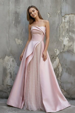 Sheisme-Pink Strapless A-Line Maxi Pearl Pleated Formal Evening Dress