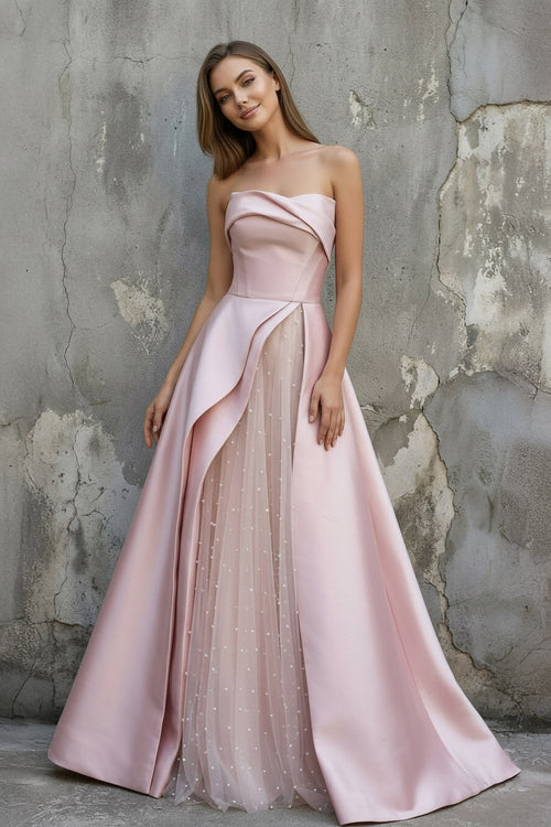 Sheisme-Pink Strapless A-Line Maxi Pearl Pleated Formal Evening Dress