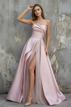 Sheisme-Pink Strapless A-Line Maxi Pearl Pleated Formal Evening Dress