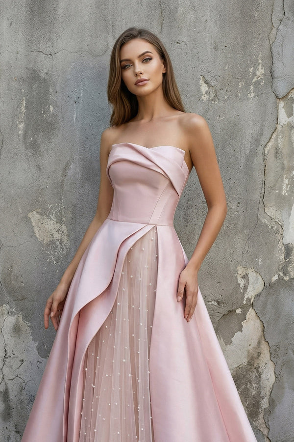 Sheisme-Pink Strapless A-Line Maxi Pearl Pleated Formal Evening Dress
