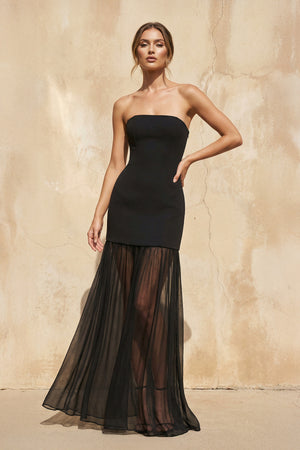 Sheisme-Black Strapless Tulle Hem Sheath Maxi Evening Formal Dress