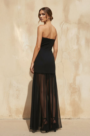 Sheisme-Black Strapless Tulle Hem Sheath Maxi Evening Formal Dress