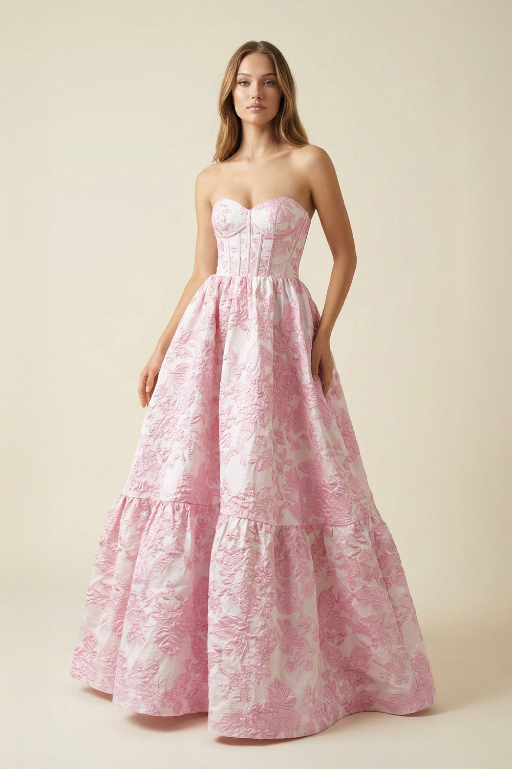 Strapless Floral A Line Maxi Dress in Pink - SHE IS ME PROM DRESSES