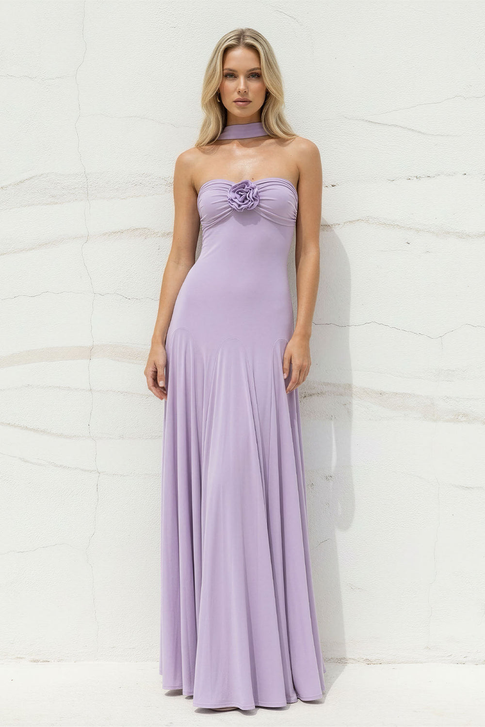 Sheisme-Lilac Strapless A-Line Maxi Flower Evening Formal Dress