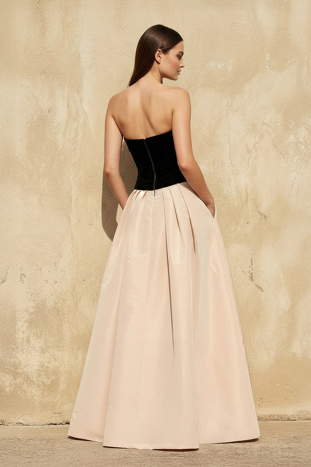 Strapless Gown With Pockets in Champagne - SHE IS ME