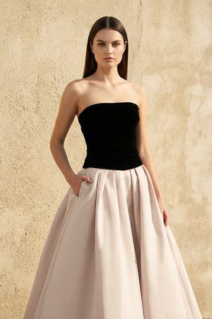 Strapless Gown With Pockets in Champagne - SHE IS ME
