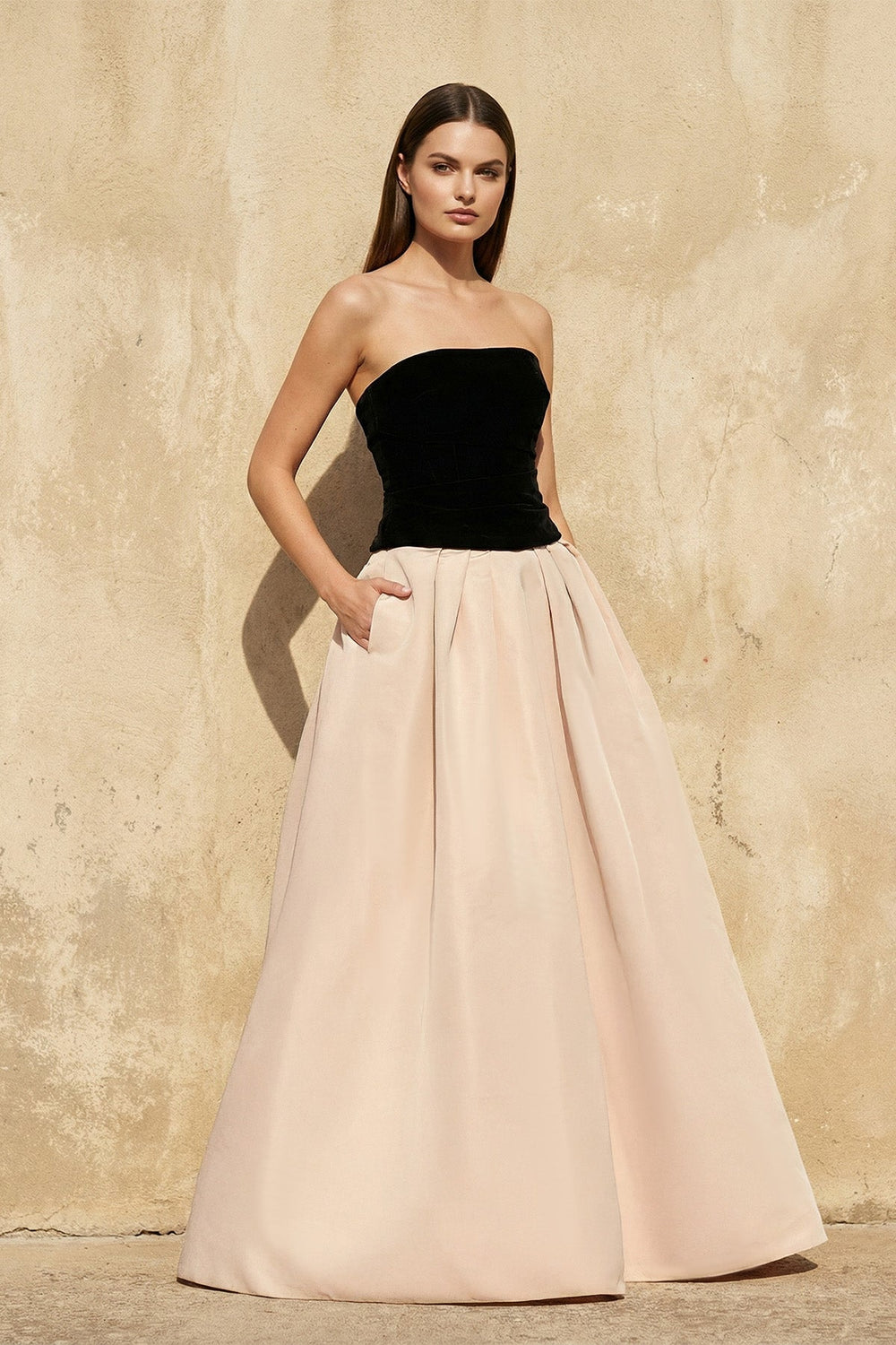 Strapless Gown With Pockets in Champagne - SHE IS ME PROM DRESSES