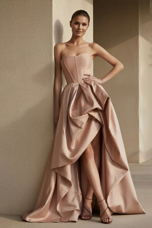 Strapless High - Low Pleated Gown in Blush - SHE IS ME