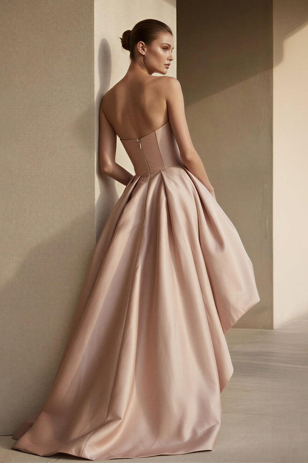 Strapless High - Low Pleated Gown in Blush - SHE IS ME PROM DRESSES