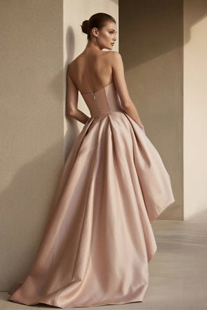 Strapless High - Low Pleated Gown in Blush - SHE IS ME PROM DRESSES