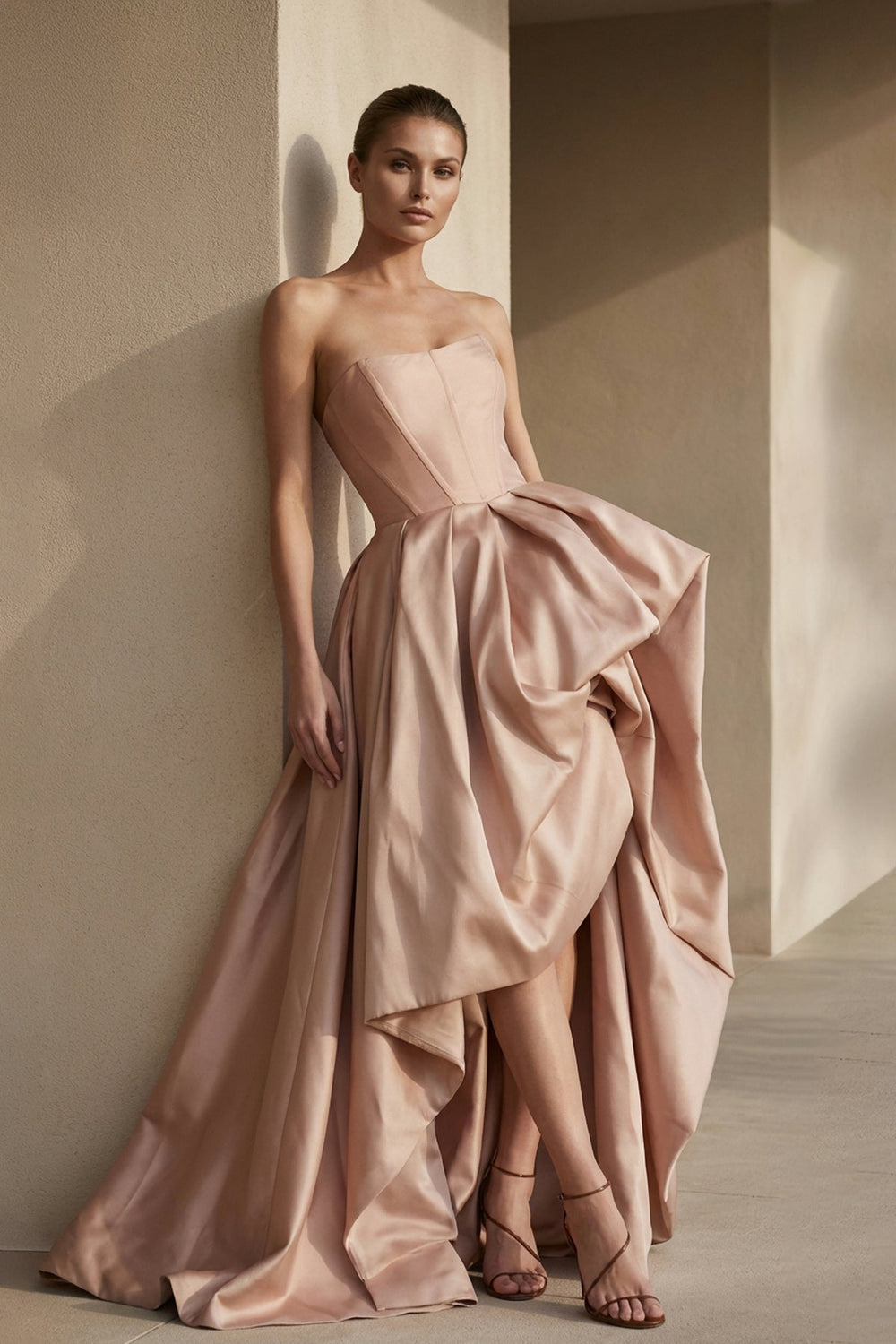 Strapless High - Low Pleated Gown in Blush - SHE IS ME PROM DRESSES