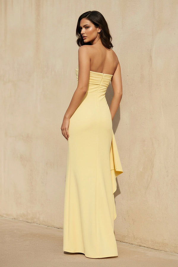Strapless High - Slit Ruffled Gown in Yellow - SHE IS ME