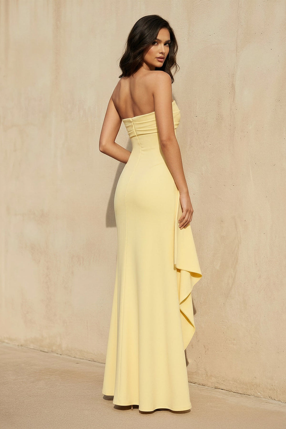 Strapless High - Slit Ruffled Gown in Yellow - SHE IS ME
