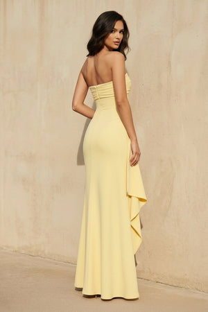 Strapless High - Slit Ruffled Gown in Yellow - SHE IS ME