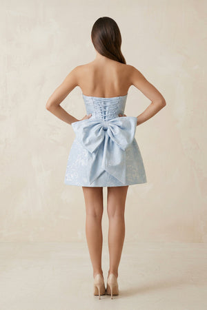 Strapless Jacquard A Line Mini Prom Dress With Bowknot in Sky Blue - SHE IS ME Prom Dresses