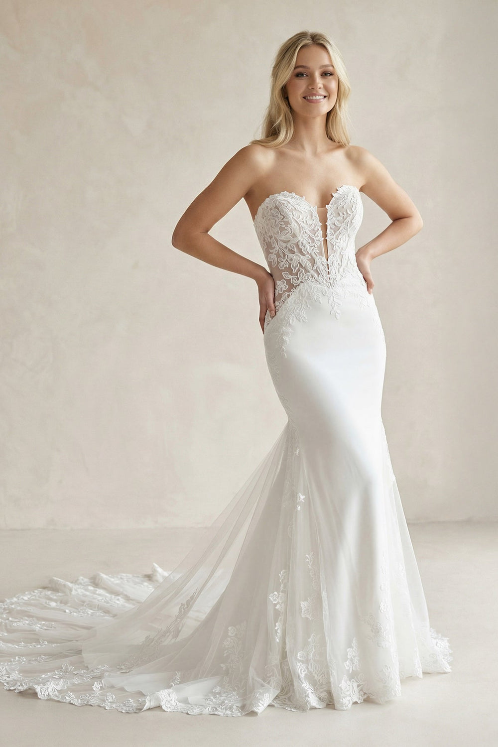 Strapless Lace Appliqued Corset Wedding Dress in White - SHE IS ME Wedding Dresses