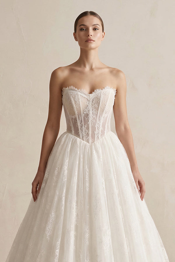 Strapless Lace Basque Waist Ball Gown Wedding Dress in Ivory - SHE IS ME Wedding Dresses