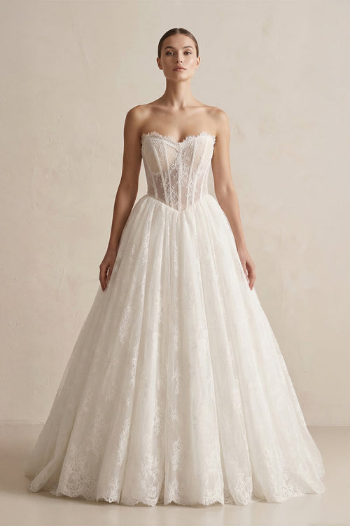 Strapless Lace Basque Waist Ball Gown Wedding Dress in Ivory - SHE IS ME Wedding Dresses