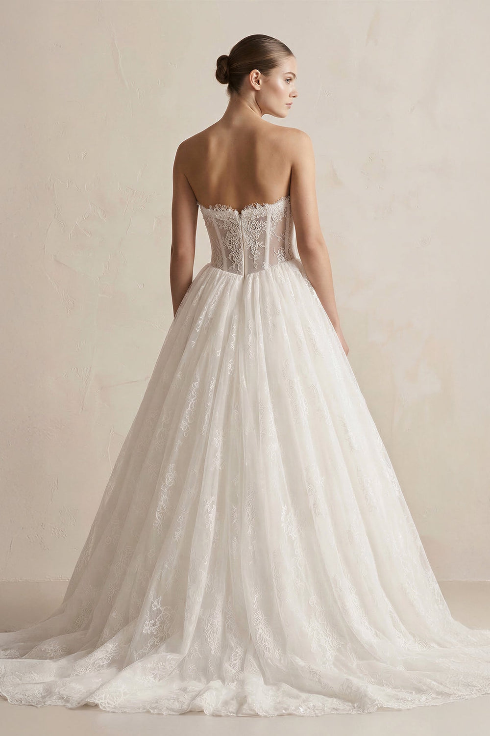 Strapless Lace Basque Waist Ball Gown Wedding Dress in Ivory - SHE IS ME Wedding Dresses