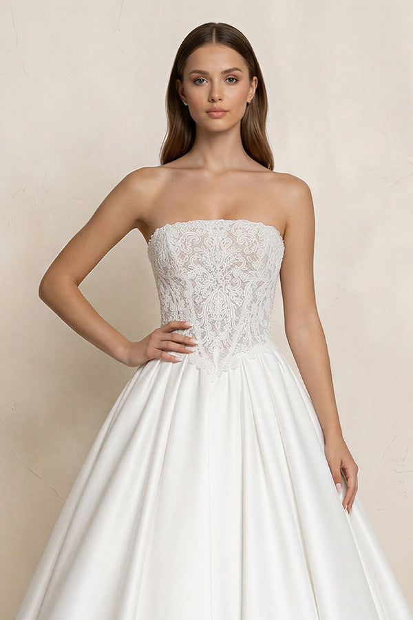 Strapless Lace Satin Corset Ball Gown Wedding Dress in White - SHE IS ME Wedding Dresses