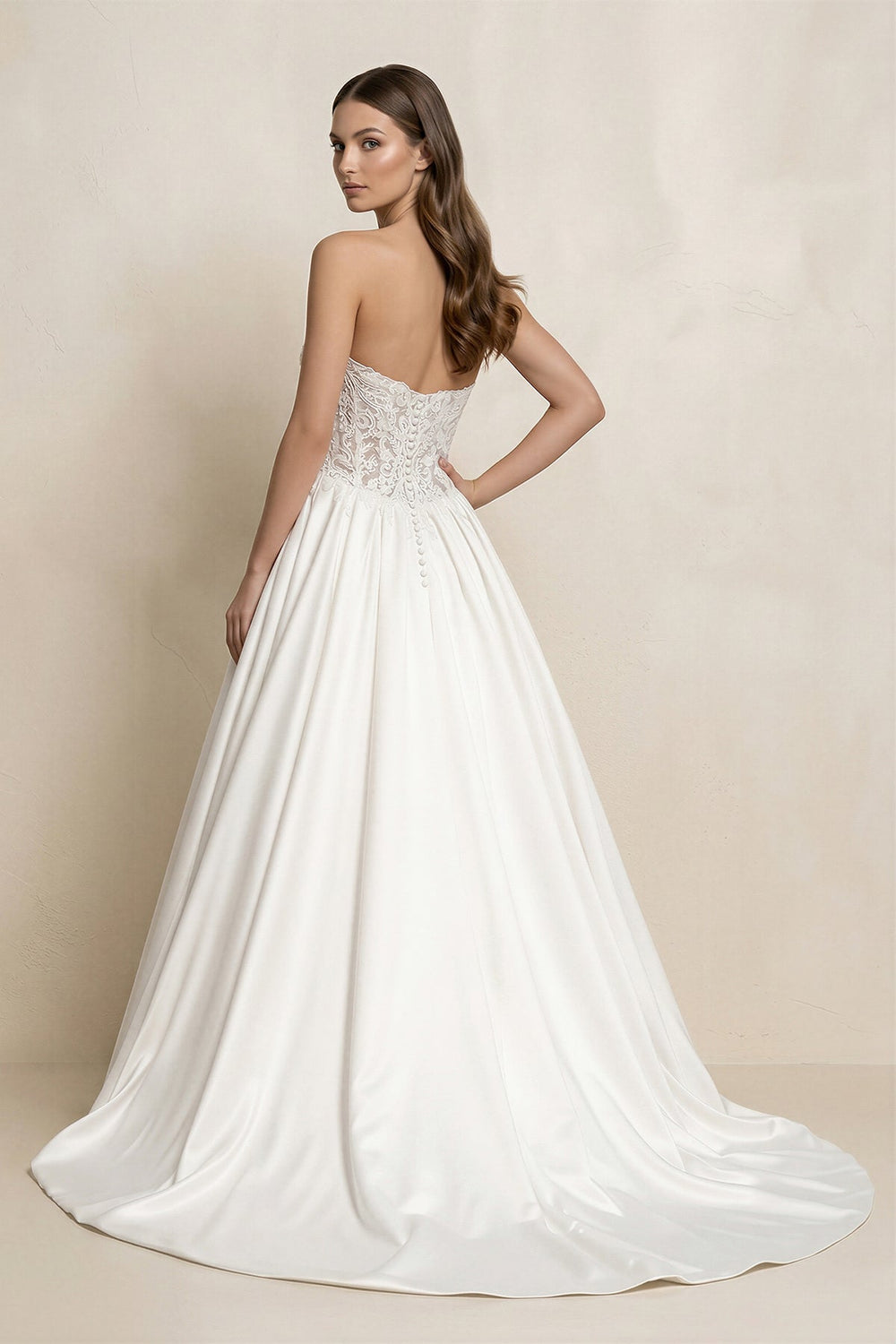 Strapless Lace Satin Corset Ball Gown Wedding Dress in White - SHE IS ME Wedding Dresses