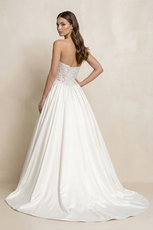 Strapless Lace Satin Corset Ball Gown Wedding Dress in White - SHE IS ME Wedding Dresses