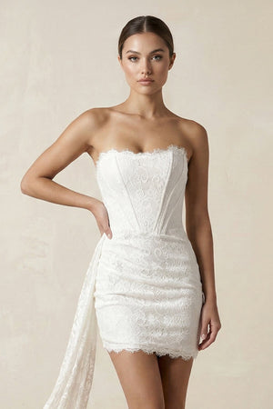 Strapless Lace Sheath Corset Mini Wedding Dress in White - SHE IS ME Wedding Dresses