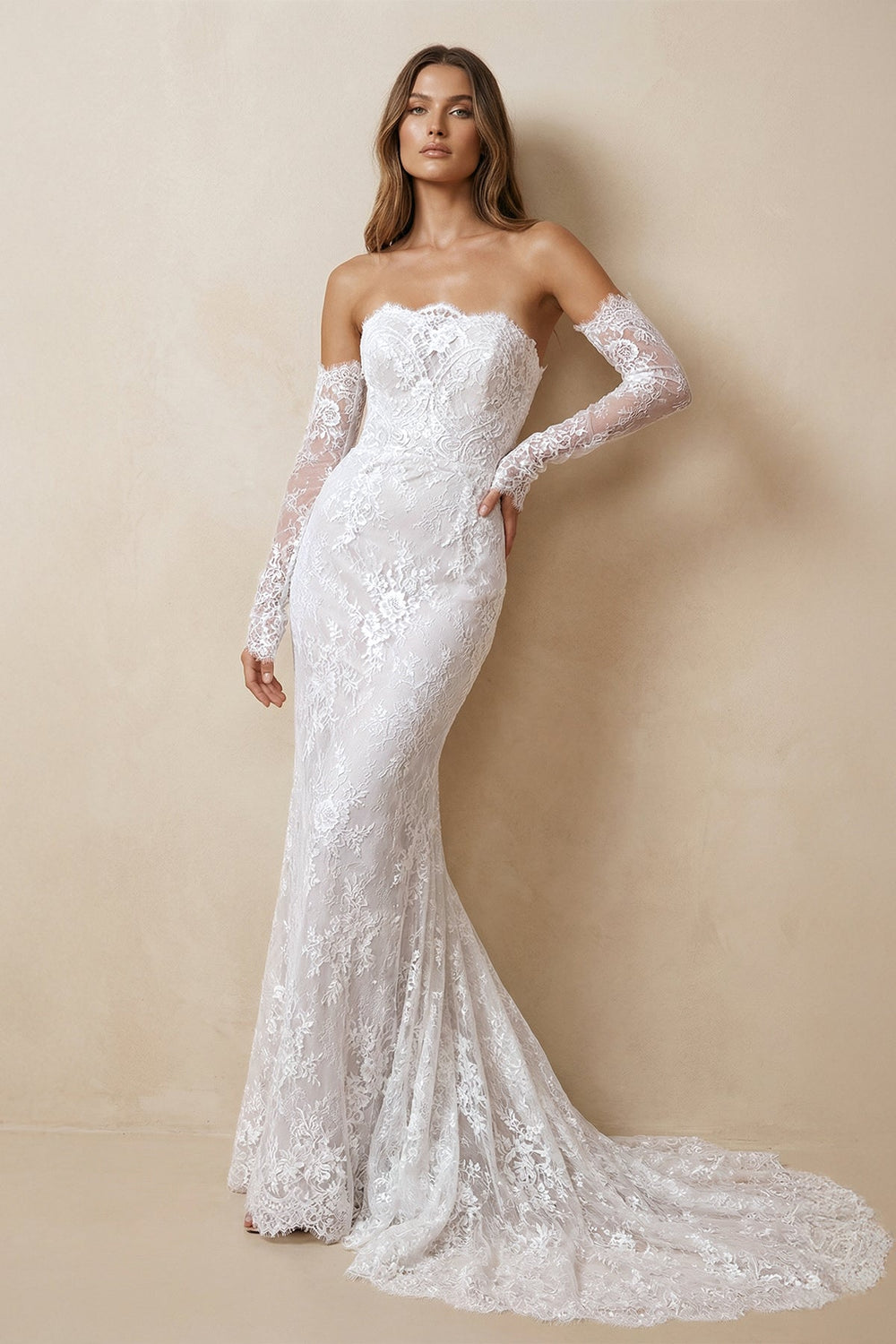 Strapless Lace Sheath Long Sleeve Wedding Dress in Ivory - SHE IS ME Wedding Dresses