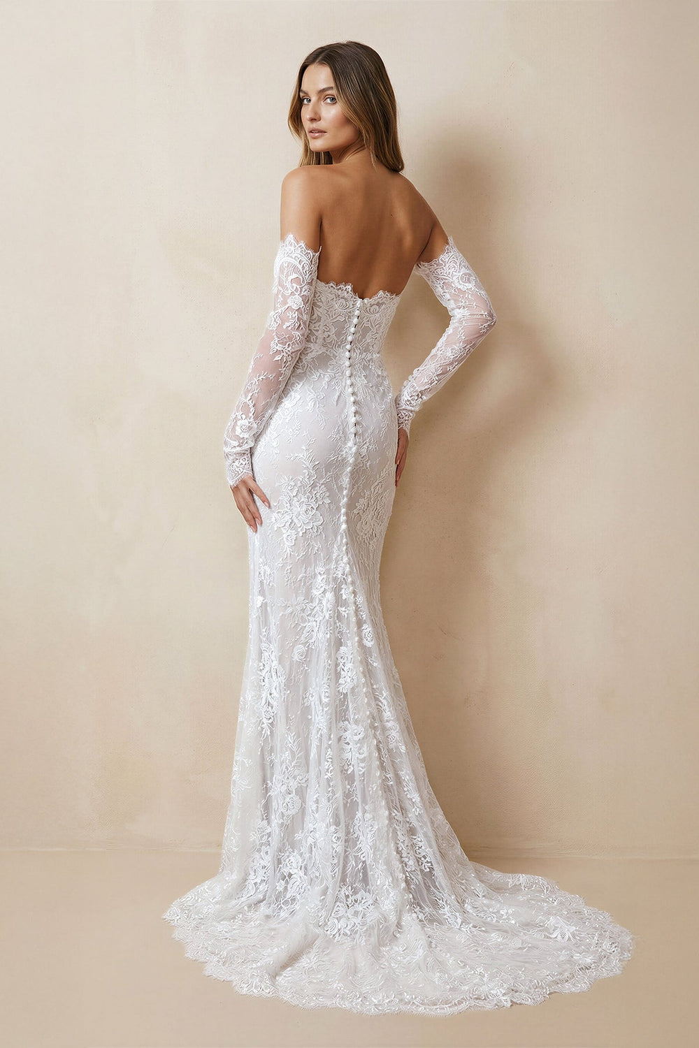 Strapless Lace Sheath Long Sleeve Wedding Dress in Ivory - SHE IS ME Wedding Dresses