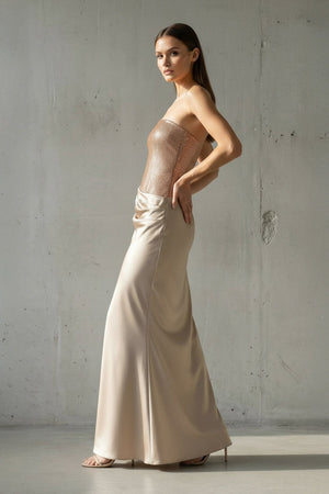 Strapless Maxi Dress With Beading in Champagne - SHE IS ME