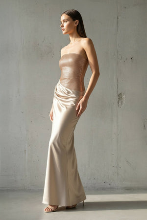 Strapless Maxi Dress With Beading in Champagne - SHE IS ME