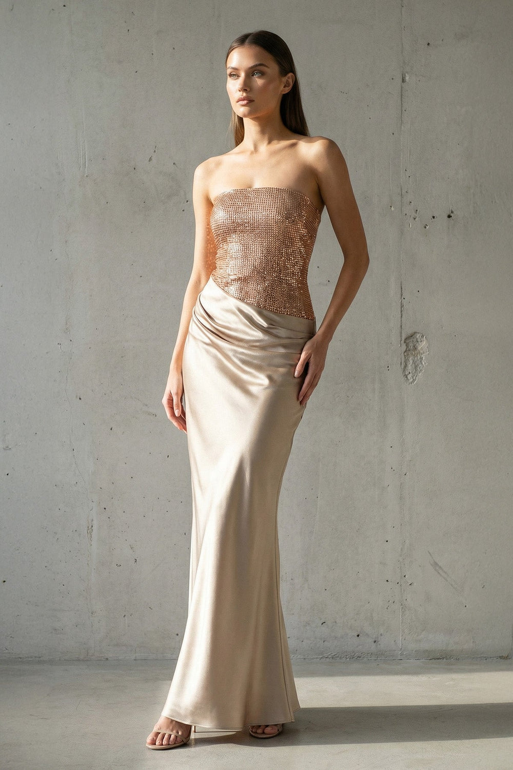 Strapless Maxi Dress With Beading in Champagne - SHE IS ME