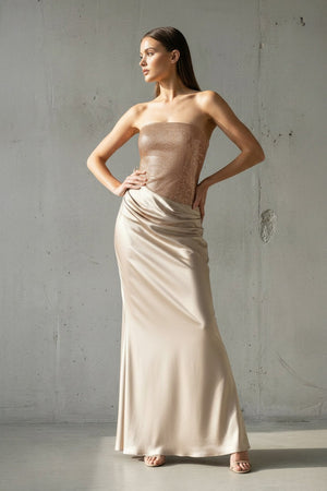 Strapless Maxi Dress With Beading in Champagne - SHE IS ME