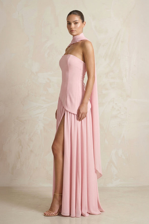 Strapless Maxi Dress With Scarf in Pink - SHE IS ME Prom Dresses