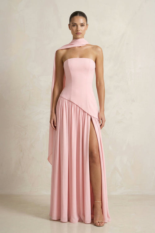 Strapless Maxi Dress With Scarf in Pink - SHE IS ME Prom Dresses